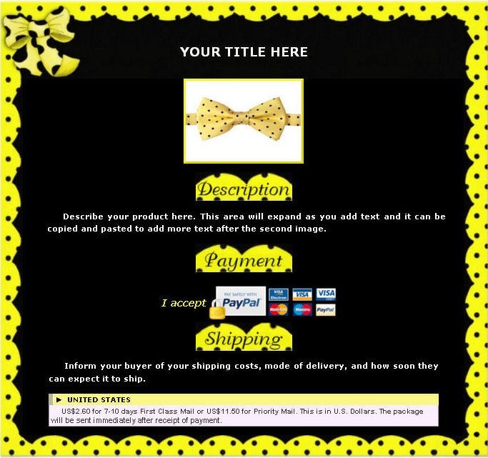 AUCTION TEMPLATE Polka Dots Yellow Design Border - FREE Email SHIPPING