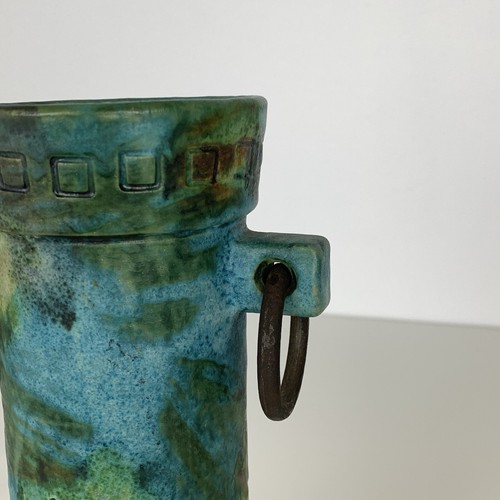 Alvino Bagni Sea Garden Vase Blue Green Iron Loop Handles MCM Italy Pottery Vtg - Picture 3 of 12