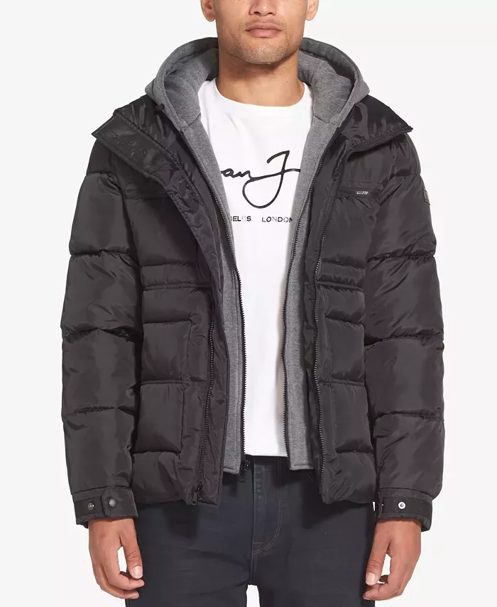 New Sean John Men's Layered Puffer Jacket L Black E0404