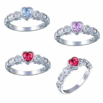 Cœur Argent Sterling Bague W/Transparent & Bleu, Rouge Ou Rose Couleur Cz Stones - Photo 1/4