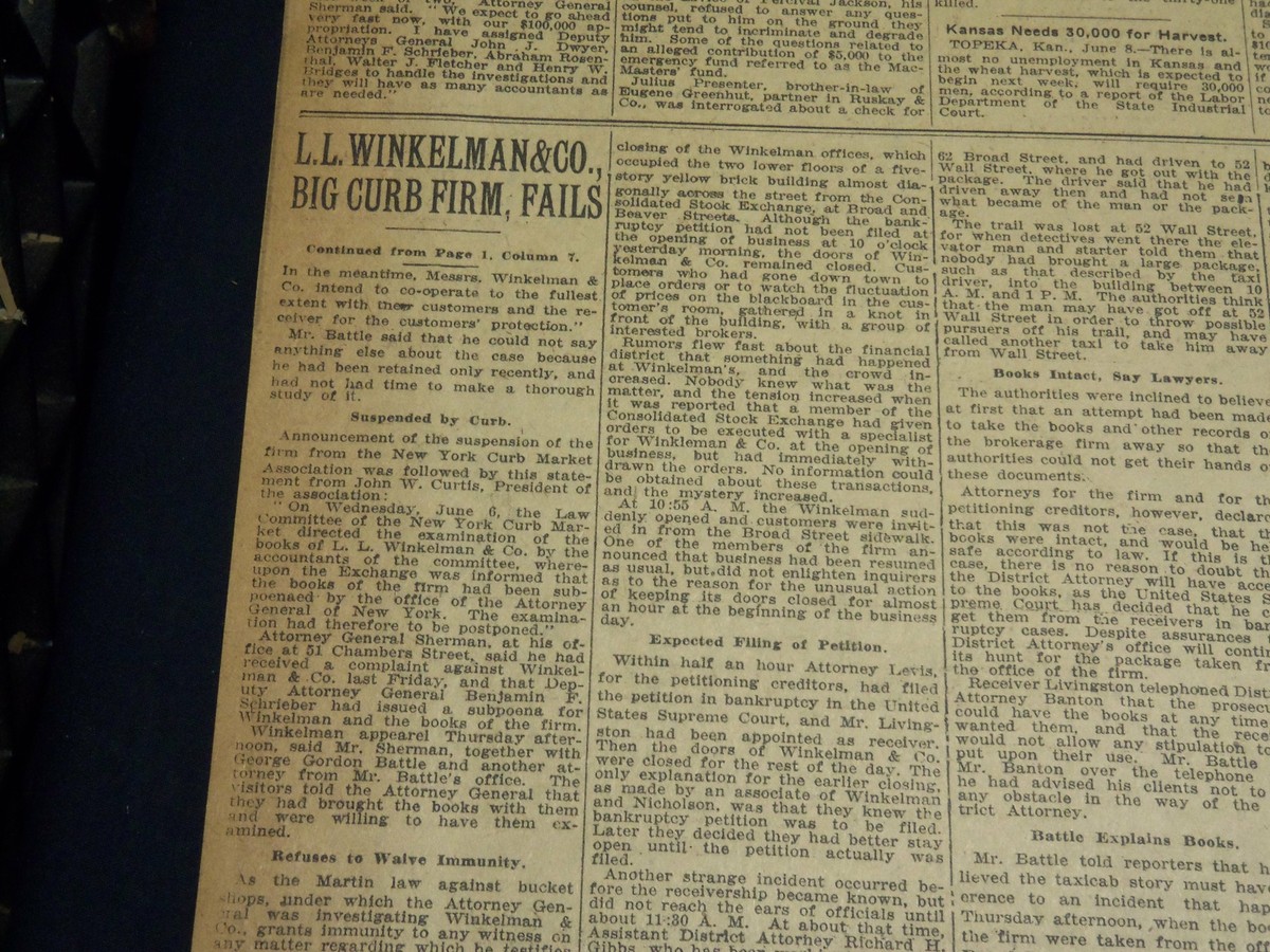 1923 JUNE 9 NEW YORK TIMES NEWSPAPER - L. L. WINKELMAN & CO. FAIL