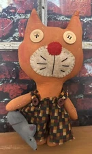 Handmade Primitive Orange Cat Doll With Mouse Shelf Sitter Decor With Rustic 10”