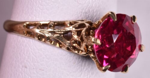 Antique Red Solitaire 10k Yellow Gold Filigree Synthetic Ruby - Picture 3 of 4