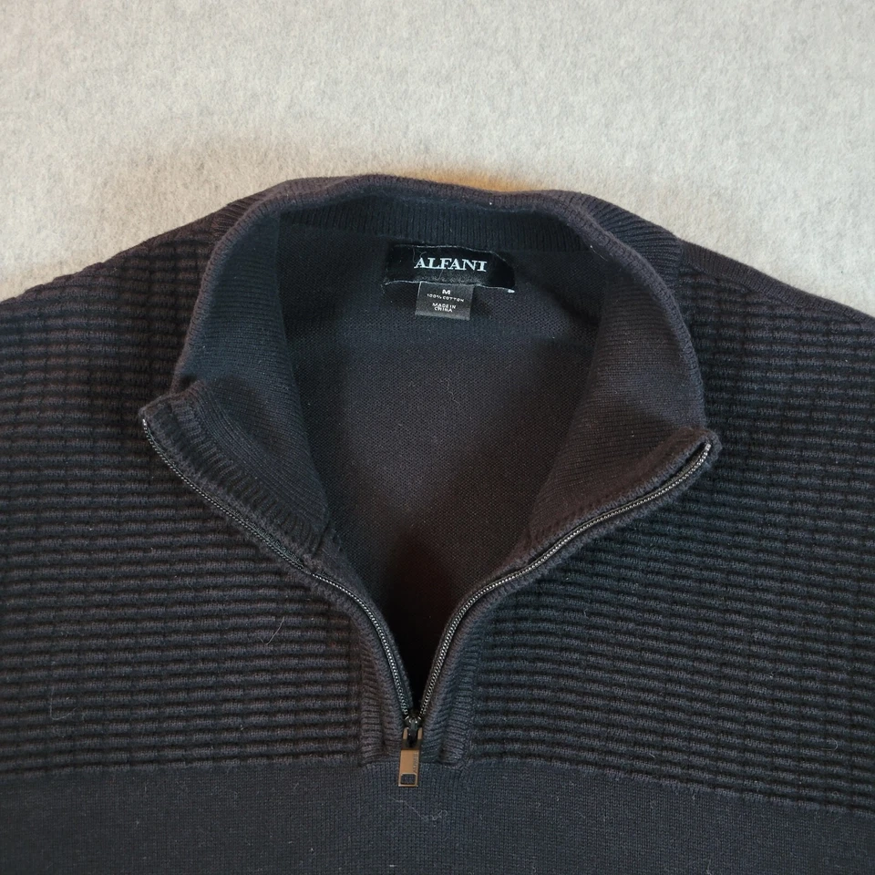Alfani Sweater Mens Medium 1/4 Zip Black Pullover Knit Cotton Sweatshirt - Image 2 of 4