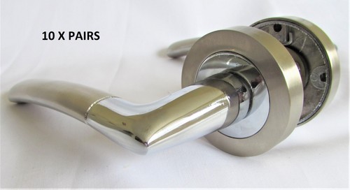 MODERN FRESH Satin Nickle + Chrome Indiana Lever Latch Door Handle on Round Rose - Picture 29 of 30