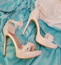 Custom Order Wedding Dream White Embroidered Lace Bridal Ankle Strap Heels