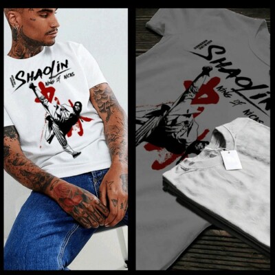 Kung Fu T-Shirt Martial Arts Buddha Monk Shaolin Karate fighting kicks XL white