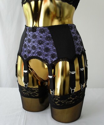 Large or XL 14 Strap Lilac Lycra + Black Lace Designer Burlesque Suspender Belt