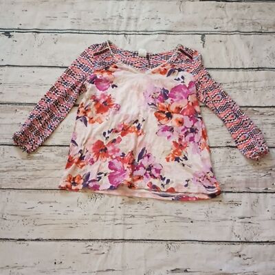 Akemi & Kin Ayana Red Blue Floral Mixed Media Cotton Peasant Top XS