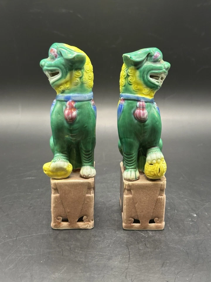 古董复古 Foo 狗雕像瓷制中国一对守护者绿色黄色 6 — 第 2/4 张图片
