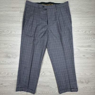 Ferera Mens Dress Pants Pleated Plaid Gray 35W Cuffed Classic Trousers