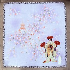 Vtg Japanese Scarf Purple With Geisha Cherry Blossom 100 Cotton 16.75 Square