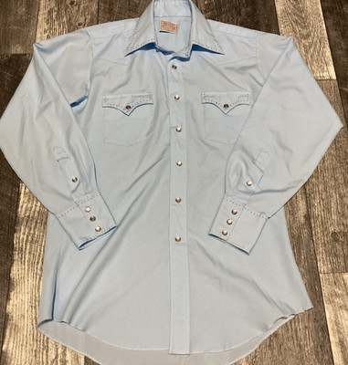 Vintage H Bar C Ranchwear Long Tail Permanent Press Shirt Men's M Western Blue