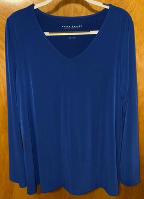 Susan Graver Modern Essentials royal blue liquid knit v-neck top Size Large
