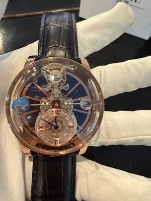 PINDU Mechanical Skeleton Blue Dial Rose Gold Black Leather Strap Wristwatch