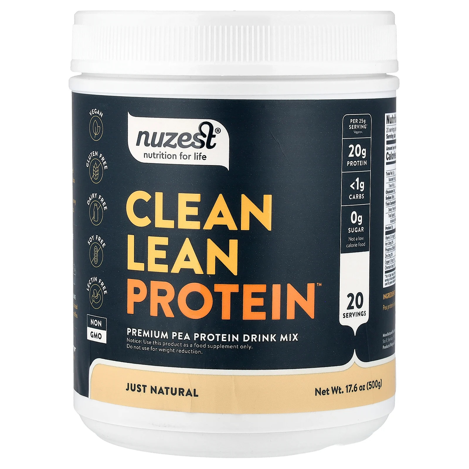 Чистый нежирный белок, только натуральный, 17,6 унции (500 г)