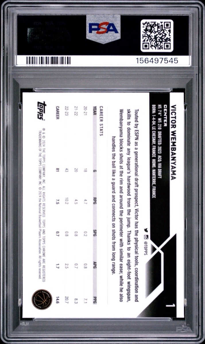 PSA 10 2023-24 Topps Chrome Basketball Victor Wembanyama Blue