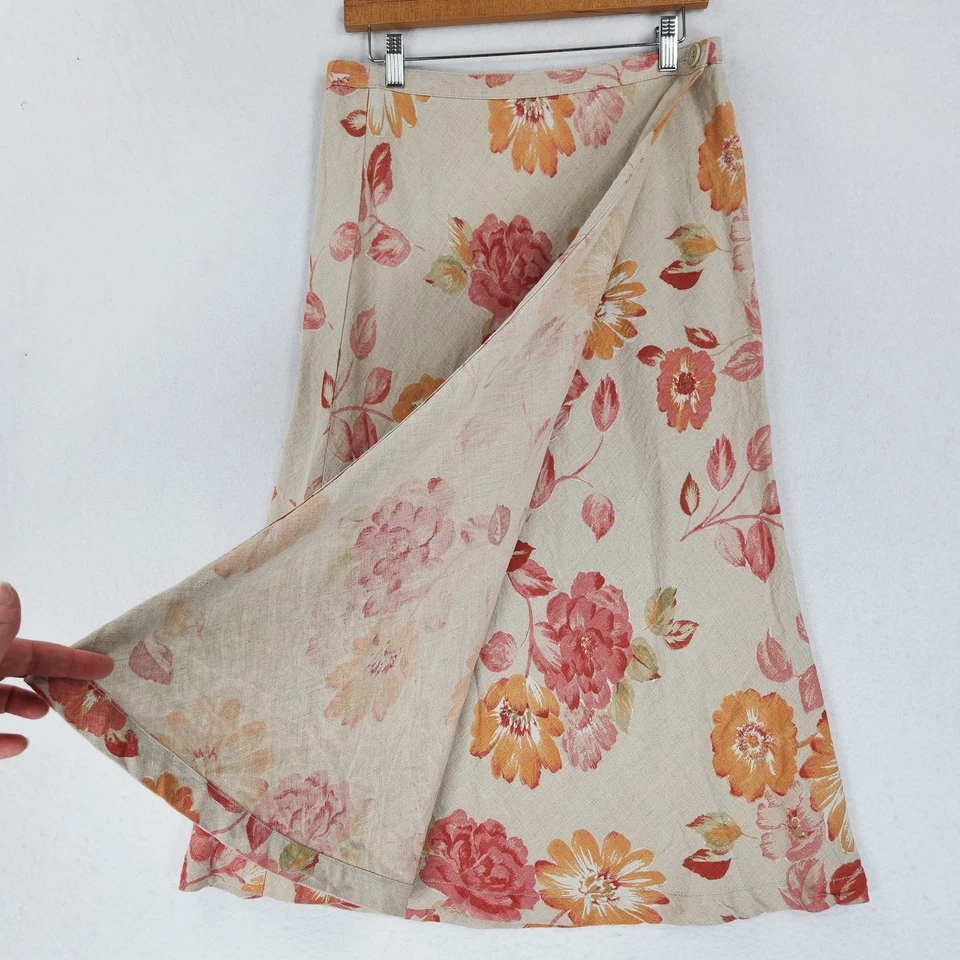 Falda Eddie Bauer Mujer 6 Pequeña Tostada Naranja Floral Lino Envolvente Midi De Colección Foto 3 de 4
