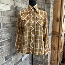 VINTAGE Lady Wrangler Western Plaid Shirt Gold Brown Size 34 Made in USA #11D6