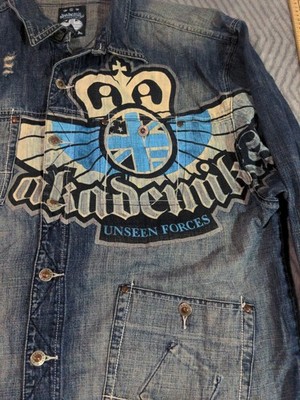 AKADEMIKS Unseen Forces Distressed Denim Jean Jacket Graphic Print 