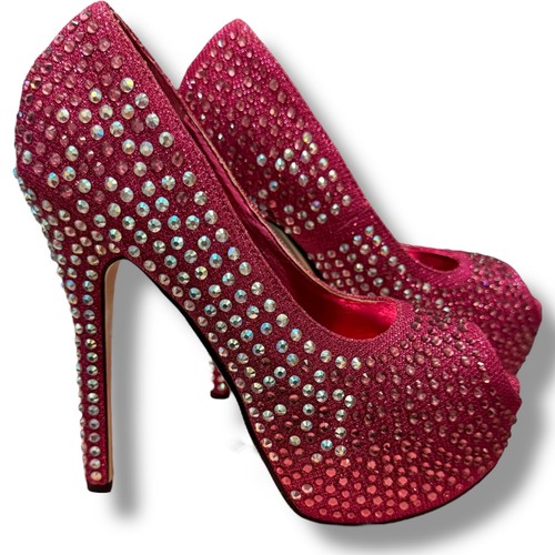 Jeru Rhinestone Platform Heels Open Toe Stiletto Fuchsia Pink Size 10 - Picture 13 of 13