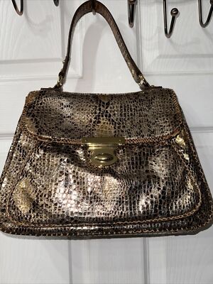 New The Find Bronze Gold Metallic Snake Print Top Handle Leather Satchel Handbag