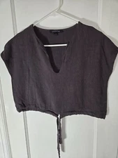 Anthropologie Grade & Gather Shirt Women Small Gray Tie Boho Peasant Linen Blend