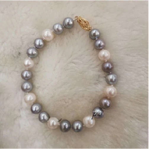 Браслет 7,5-8 дюймов 9-8 мм AAA South Sea серый белый жемчуг застежка из желтого золота 14 карат - Изображение 2 из 2