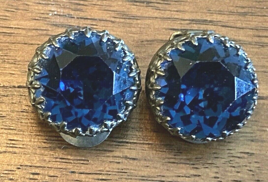 Antique BLUE SAPPHIRE Glass Austrian Crystal CLIP EARRINGS