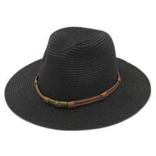 Women's Wide Brim Panama Hat Fedora Cap Summer Beach Sun Hats Brown Band Outdoor