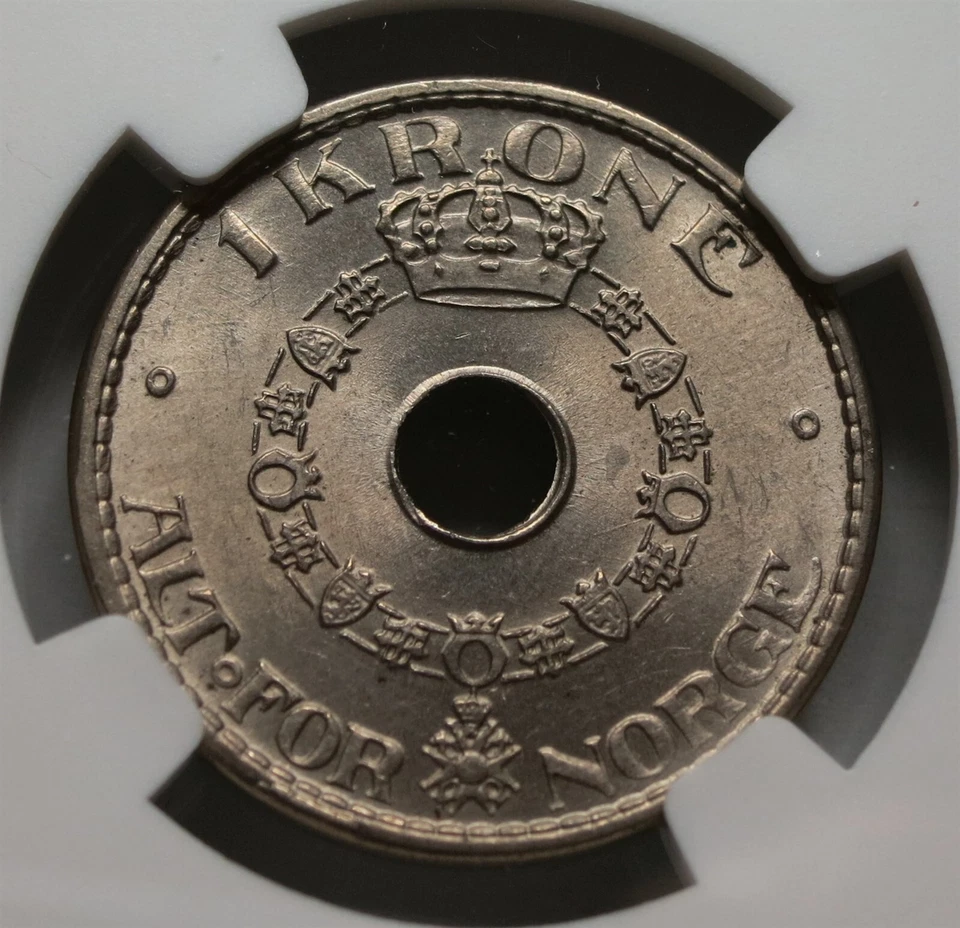 NORWAY Kingdom 1 krone 1946 NGC MS 64 UNC King Haakon VII Nickel Crown Holed - Image 3 of 4