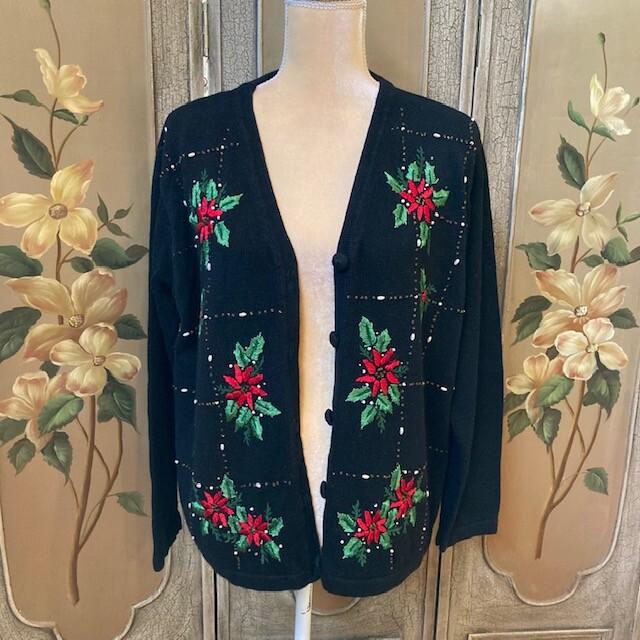BASIC EDITION woman's cardigan with poinsettias  … - image 1