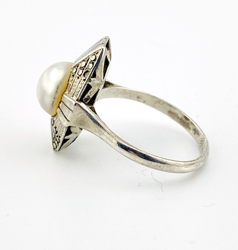 French Art Deco Ring Cultured Button Pearl Marcasite Sterling Silver Signed Sz 7 - Picture 6 of 14