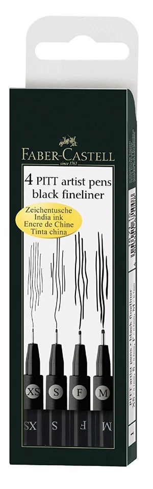 FABER-CASTELL Faber Castell Pitt Artist Pens, Black India Ink, Fineliner, 4 Piece Set, #167115