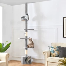 Floor-to-Ceiling Cat Tree Tower Height Adjustable w/ Condo & Scratching Posts