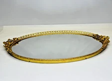 Vanity Tray Framed Mirror with Flower and Leaf Detail  Antiqued Gold