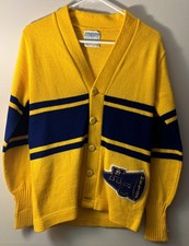 Vintage 1960s Dallas Knitting Co Cardigan V Neck Letterman Sweater Size 15 Med