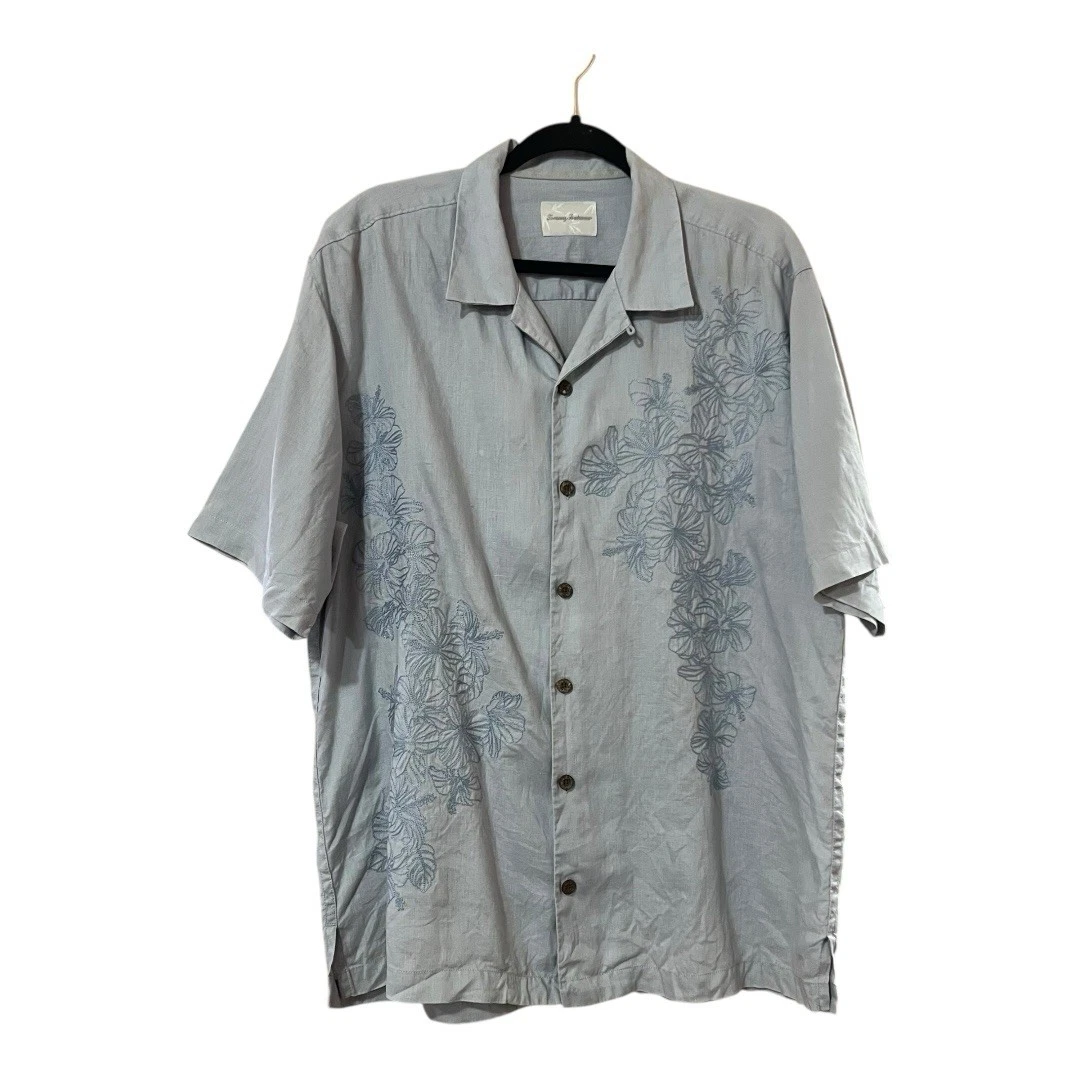 Tommy Bahama Mens Size Large Blue Linen Floral Embroidered Short Sleeve Shirt
