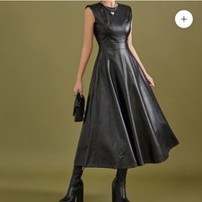 DINT Women Vegan Leather Flare Midi Dress Black Sz S ( Sz 4/6)