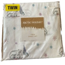 Arctic Holiday Twin Sheets Set New White polar bear penguin snow