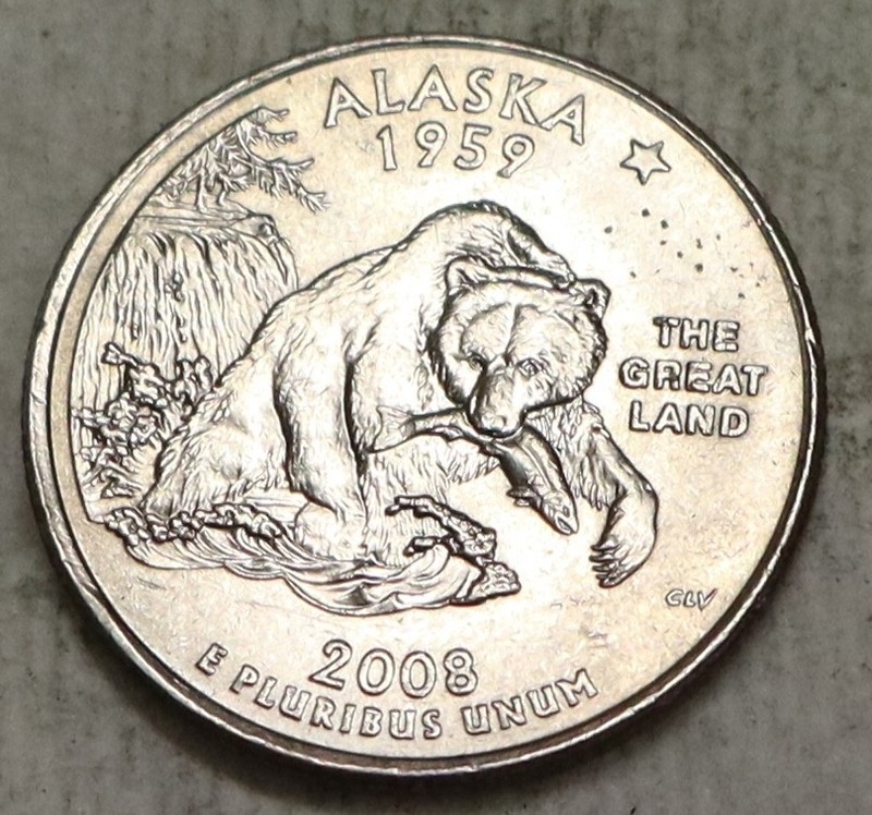 2008 P  Quarter w/ RARE Bear Fingers Crossed Die Chip Error - Alaska  QE02