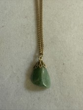 Green Aventurine Gem Stone Teardrop Pendant Necklace Gold Tone Chain