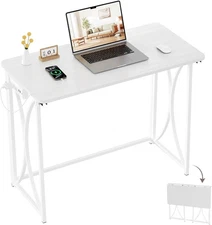 Foldable Desk, 31.5" Small Desk for Bedroom with Power Outlet, Space Saving Fold