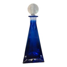 VTG Cobalt Blue Glass Decanter Triangle Pyramid W Ball Stopper 13