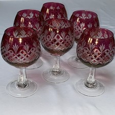 6x Bohemian Cut To Clear Crystal Glass 14cm Coloured Hock Wine Goblets Glasses
