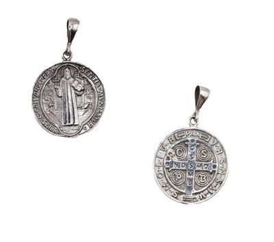 San Benito Round Medal .925 Sterling Silver Pendant - St Benedict Medal Silver