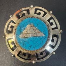Spilla messicana vintage ciondolo turchese motivo azteco 6 cm made in Mexico