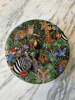 Vintage Round Jungle Animal Tin Box Leopard Zebra Giraffe Tiger Cookie Tin 6.5 