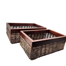 Baskets Holder Caddy Wood Wicker Rattan Reed Office Storage Sturdy Set Of 2