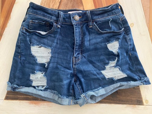 Short jean bleu à menottes en détresse SO Juniors taille 7/28 W haute hauteur incurvé midi